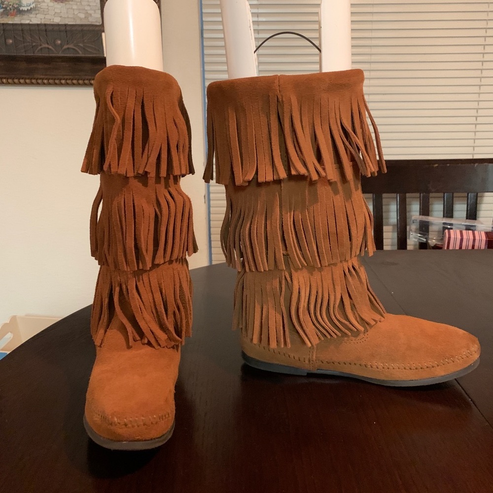 Minnetonka Triple Fringe Suede Moccasin Boots in Cognac Brown - Picture 4 of 7